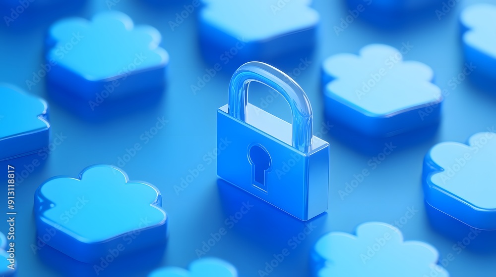 Poster secure cloud computing concept with padlock among cloud icons, highlighting data protection and priv