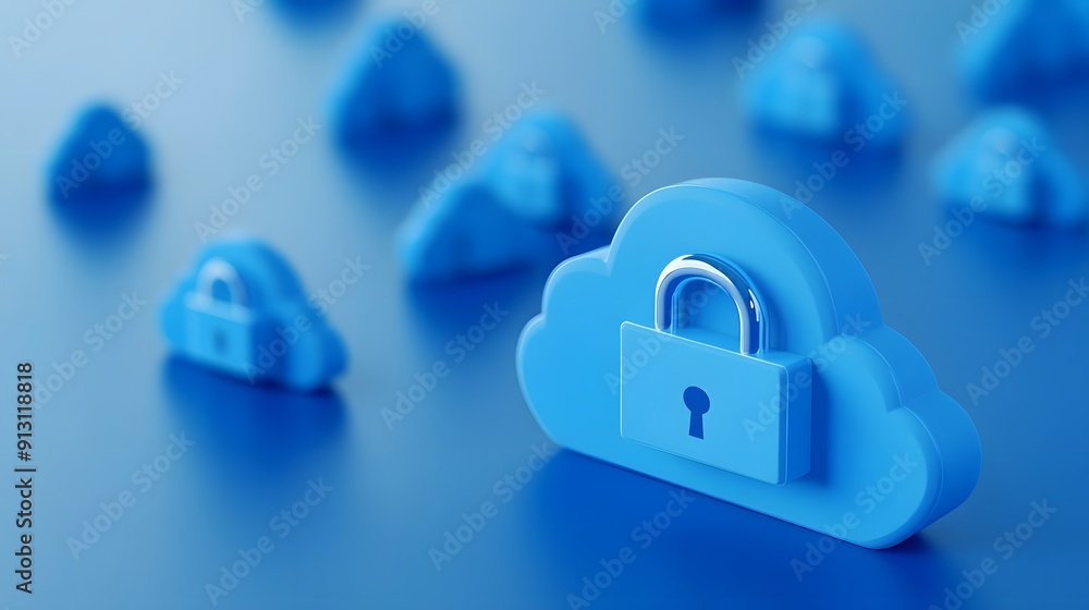 Poster secure cloud computing concept with padlocks, enhanced data protection, and blue cloud icons on a re