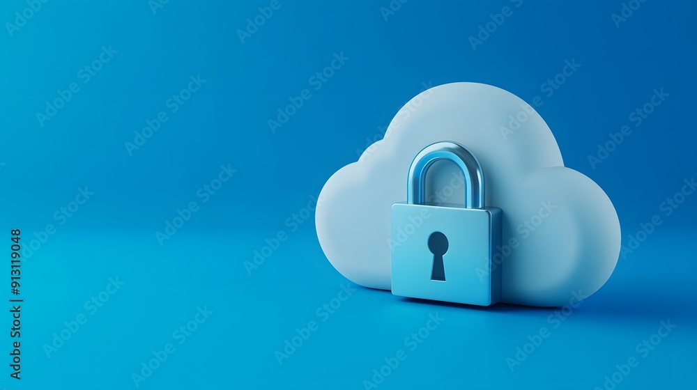 Poster secure cloud data storage concept with a cloud icon and padlock on a blue background, symbolizing on