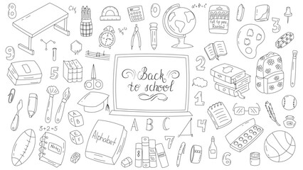 School vector elements collection. Childrens cute school elements vector doodle collection. Pencil, books, bag, globe, stationery, textbooks and notebooks. White background