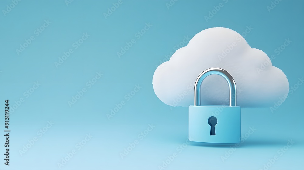 Poster secure cloud storage concept. cloud with a padlock on a blue background symbolizing data security an