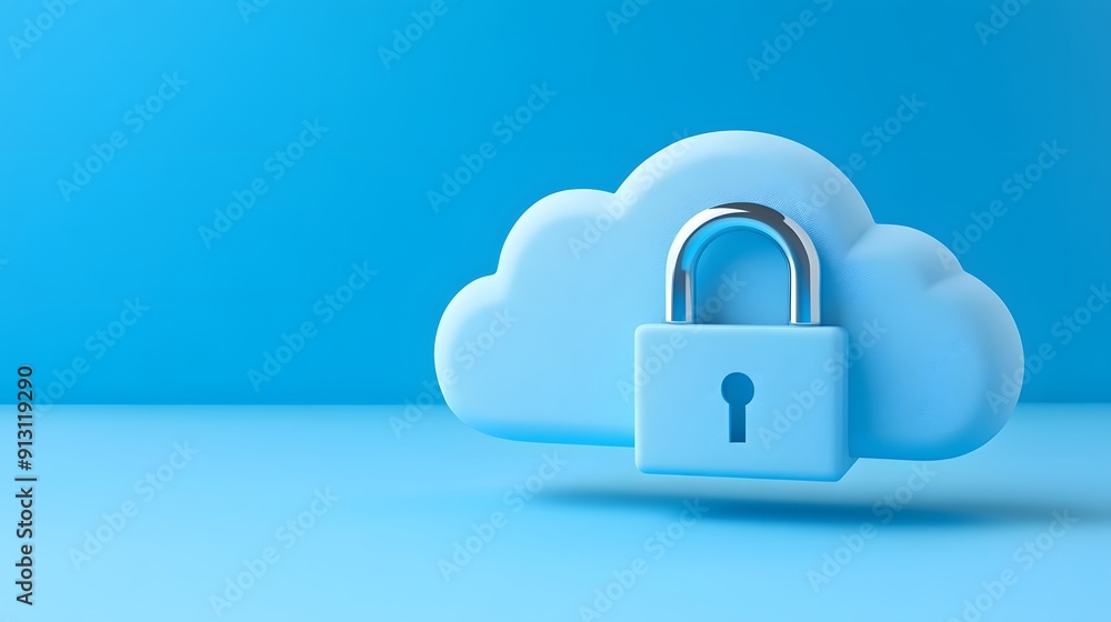 Poster secure cloud storage concept image with a lock symbolizing data protection and security in a blue-th
