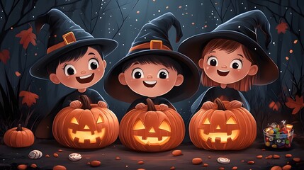 Fototapeta premium Cartoon kids dressing up for Halloween with spooky costumes carved pumpkins and candy