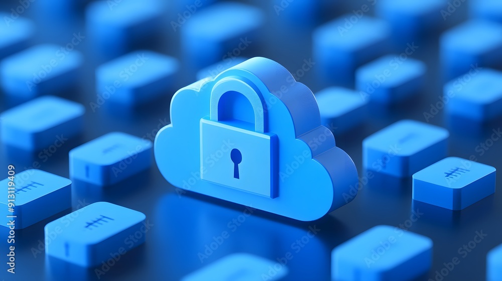 Poster secure cloud storage concept with a blue cloud icon and a lock, representing data protection and int
