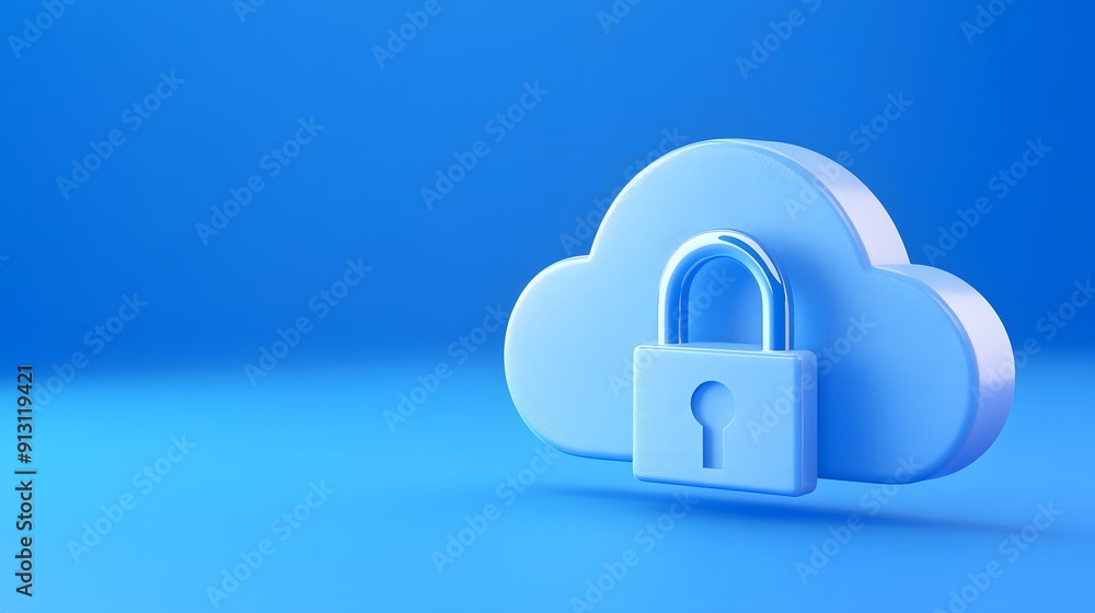Poster secure cloud storage concept with a blue cloud icon and a padlock, symbolizing data protection and c