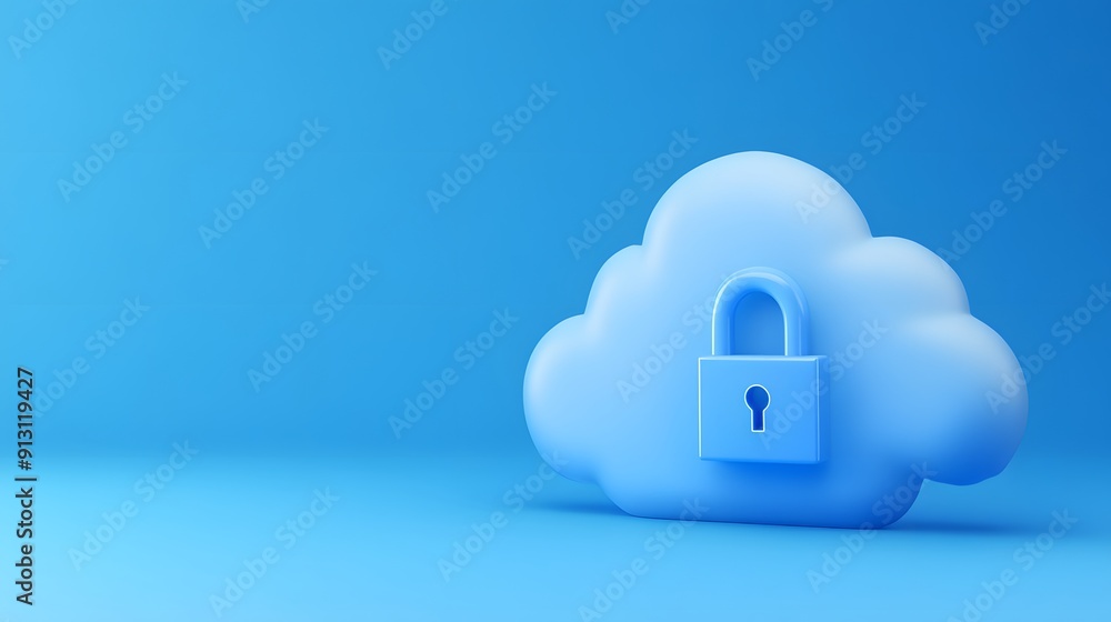 Poster secure cloud storage concept with a blue cloud icon and lock on a blue background, representing data