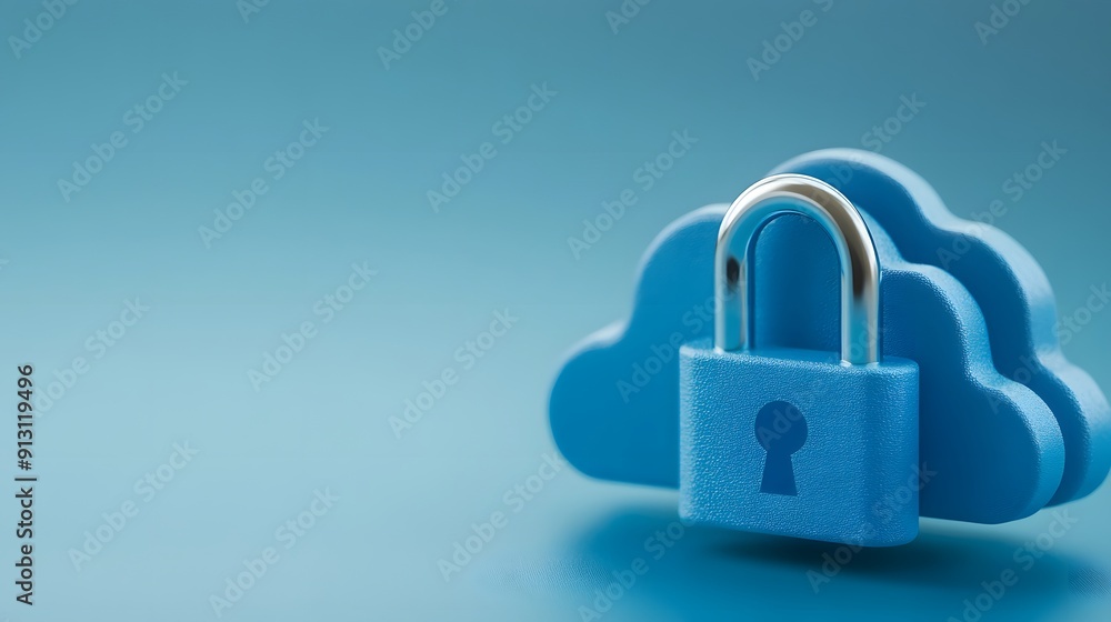 Poster secure cloud storage concept with a blue padlock in front of a cloud icon on a light blue background