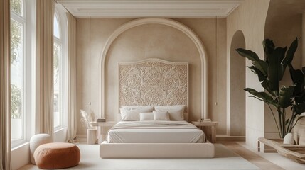 Modern Rococo-Inspired Bedroom with Sleek Canopy Bed and Pastel Colors in Apartment