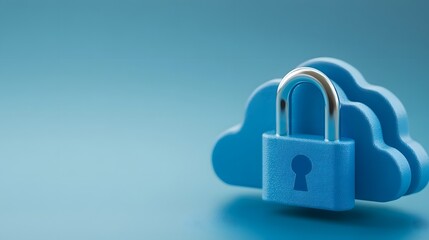 Fototapeta premium Secure cloud storage concept with a blue padlock in front of a cloud icon on a light blue background. Data protection and cybersecurity theme.