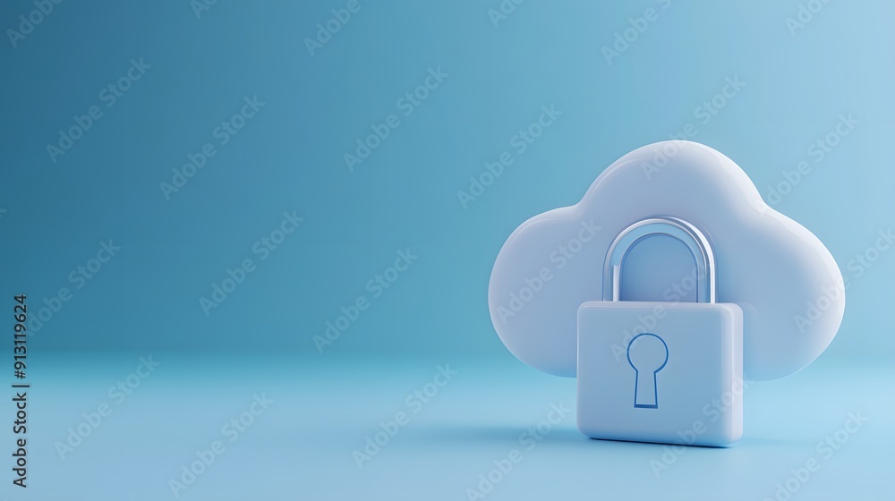 Poster secure cloud storage concept with a cloud icon and padlock on a blue background, symbolizing data pr