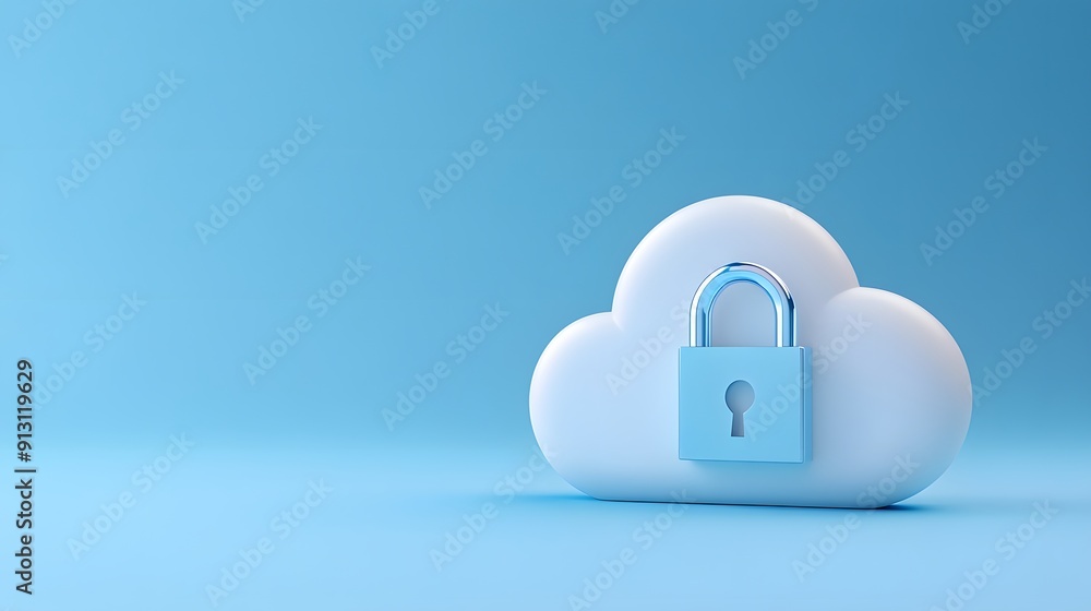 Poster secure cloud storage concept with a cloud icon and padlock on a blue background, representing data p