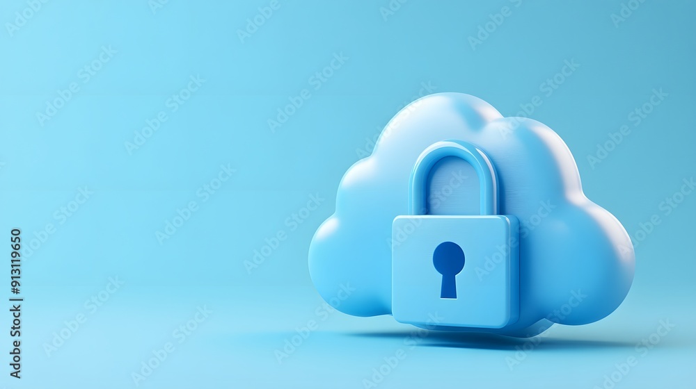 Poster secure cloud storage concept with a cloud icon and padlock symbolizing data protection against cyber