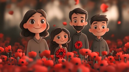 Cartoon family celebrating Armistice Day with poppies wreaths and a moment of silence