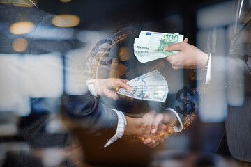 The process of exchanging currency between two businessmen.