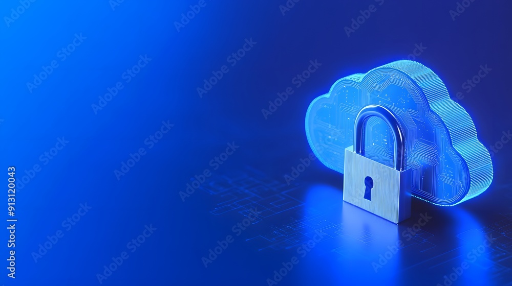 Poster secure cloud storage concept with blue background. a padlock on a cloud symbolizing data protection,