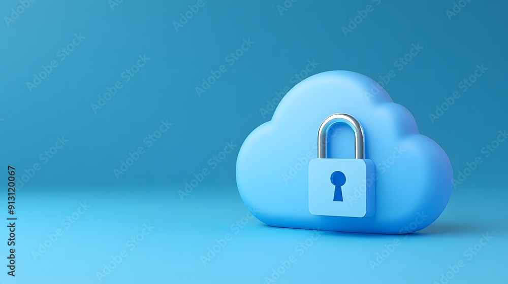 Poster secure cloud storage concept with blue cloud icon and padlock, representing data protection and priv