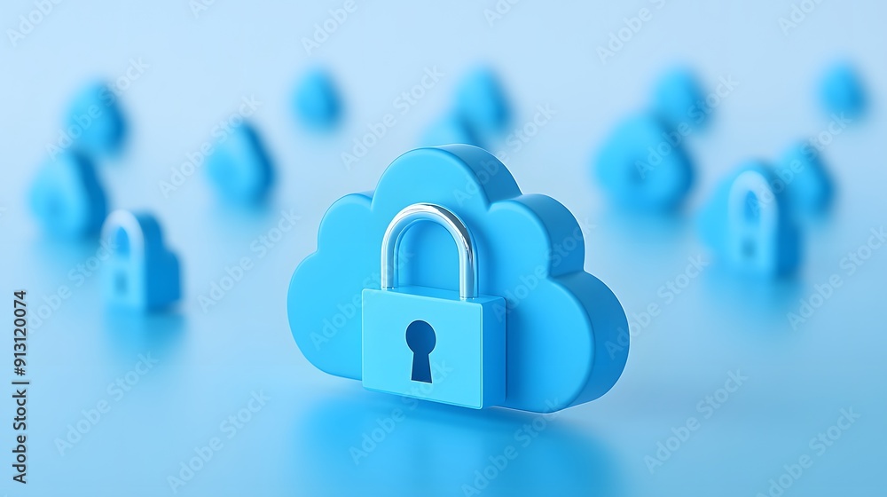 Poster secure cloud storage concept with blue cloud icons and padlocks, representing data protection and cy