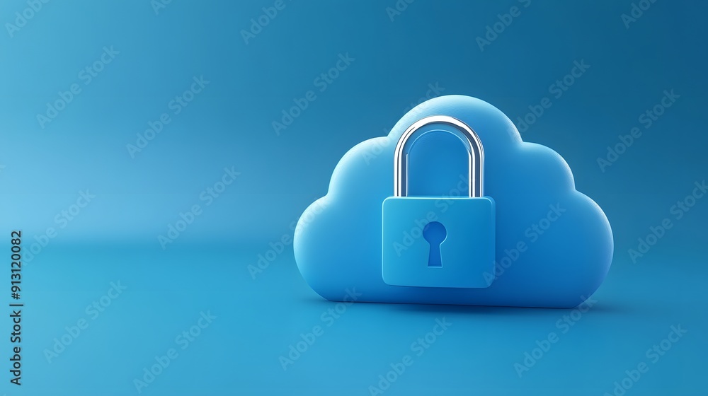 Poster secure cloud storage concept with blue cloud shape and padlock symbolizing data protection against c