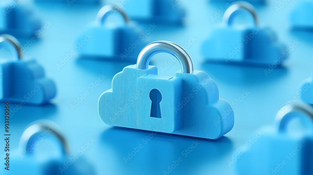 Poster Secure cloud storage concept with blue cloud-shaped padlocks symbolizing data protection, encryption, and cybersecurity in a digital environment.