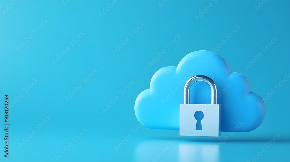 Poster secure cloud storage concept with padlock and blue cloud icon, representing data protection and safe