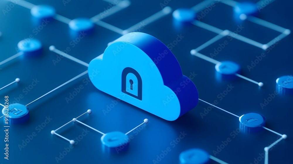 Poster secure cloud storage concept with padlock icon on a blue cloud symbol, representing data protection 