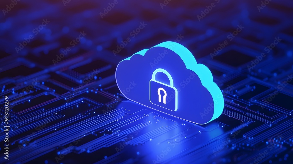 Poster secure cloud storage concept with padlock icon on blue digital background, representing data securit