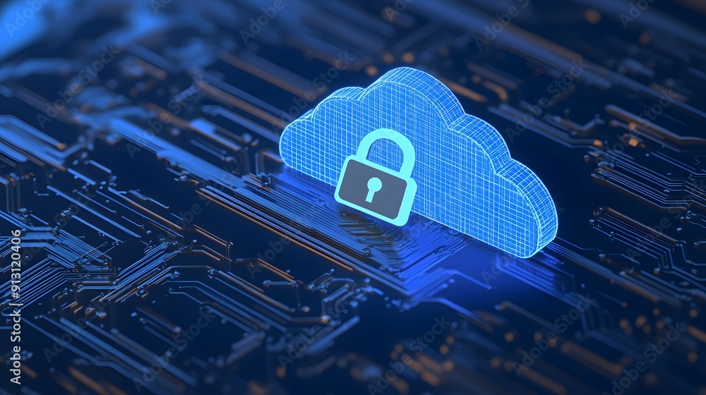 Poster Secure cloud storage representation with blue digital cloud icon and padlock on a circuit board background.