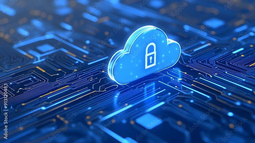 Aufkleber secure cloud storage technology concept with glowing lock symbol on digital circuit board background