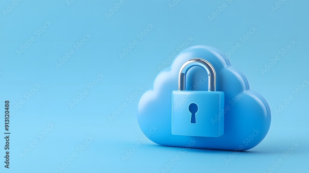 Poster secure cloud technology concept with a blue cloud and lock symbolizing data protection and cybersecu