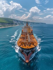 A large ship is sailing in the ocean. The sky is cloudy and the water is blue. The ship is the main focus of the image