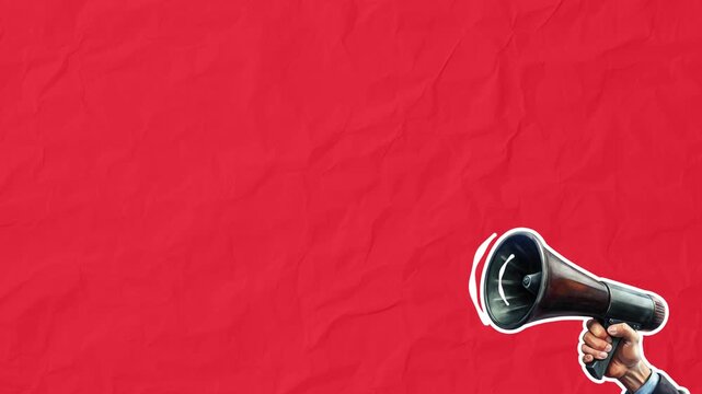 Black megaphone in a man's hand chanting something on a red background. Promotion concept. Stop motion animation on red paper background
