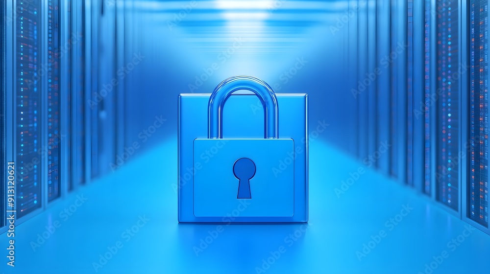Poster secure data center with a padlock symbolizing cybersecurity and information protection, glowing blue