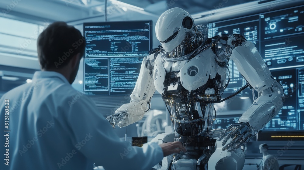 Poster a scientist engages with a humanoid robot in a modern laboratory filled with digital screens and adv