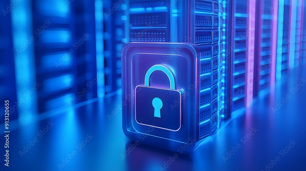 Poster secure data center with digital lock and servers. concept of cybersecurity, data protection, and inf
