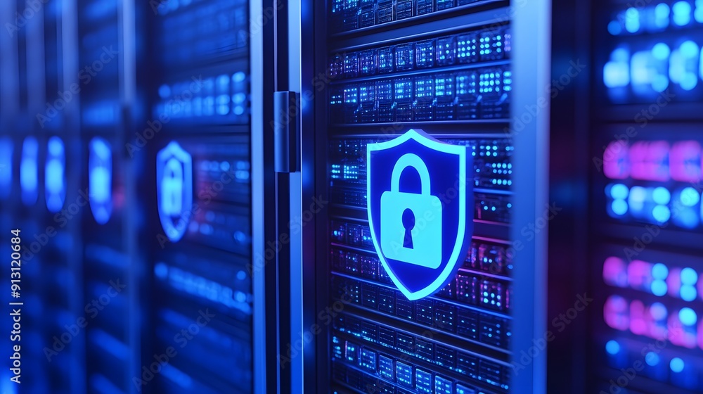 Poster Secure data center with illuminated locks symbolizing cybersecurity and data protection in modern server racks.