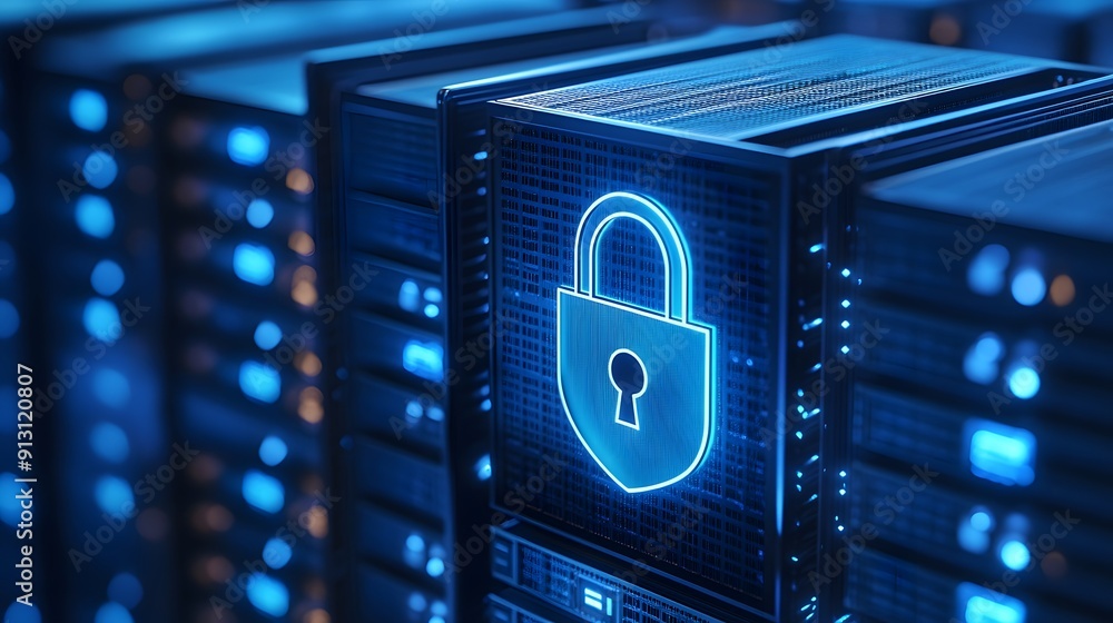 Poster secure data center with servers and blue lock icon representing cybersecurity and data protection co