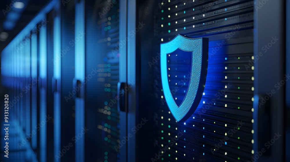 Poster secure data center with servers and illuminated shield symbol, representing cybersecurity and protec