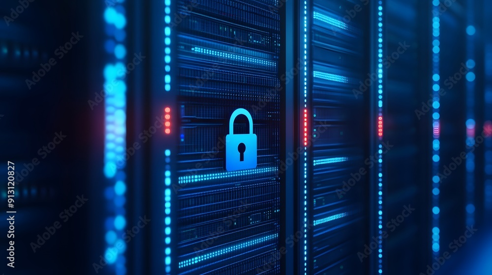 Poster secure data center with server racks and padlock icon representing information protection and cybers