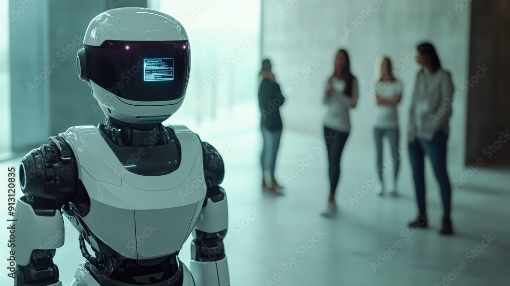 Aufkleber a humanoid robot stands in a bright office space while a group of people engages in conversation in 
