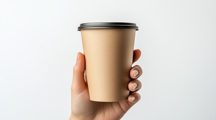 A hand holding a brown paper coffee glass against white background.