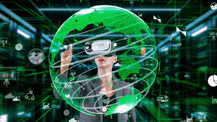 Woman selecting data dynamic market rotating green world distributing analysis by VR future global innovation interface digital infographic network technology virtual hologram animation. Contraption.