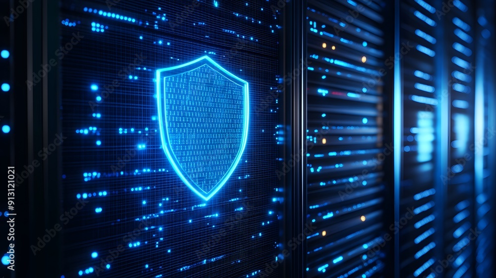 Aufkleber secure data server room with futuristic blue shield icon on equipment, representing cybersecurity an