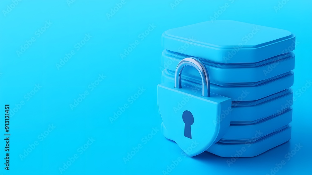 Poster secure data storage concept showing stacked blocks with padlock on blue background, symbolizing data