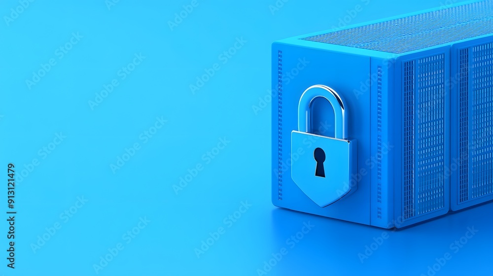 Poster secure data storage concept with a blue server rack and padlock on a solid blue background, symboliz