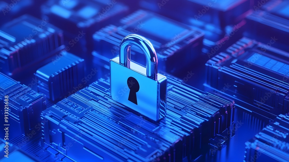 Poster secure data storage concept with a padlock on a motherboard, symbolizing cybersecurity and digital p