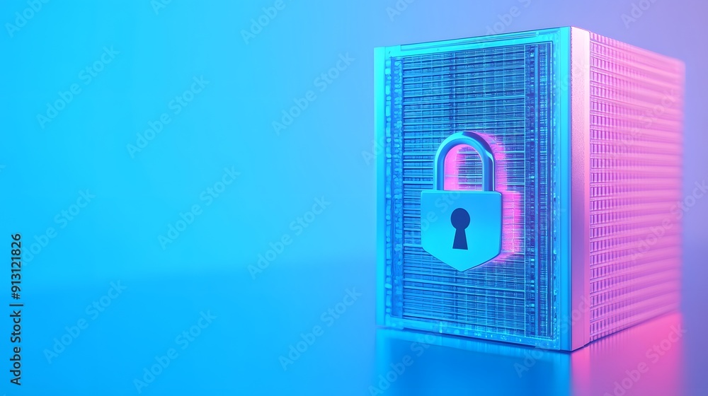 Poster secure data storage concept with abstract server rack and padlock under blue and pink lighting, symb