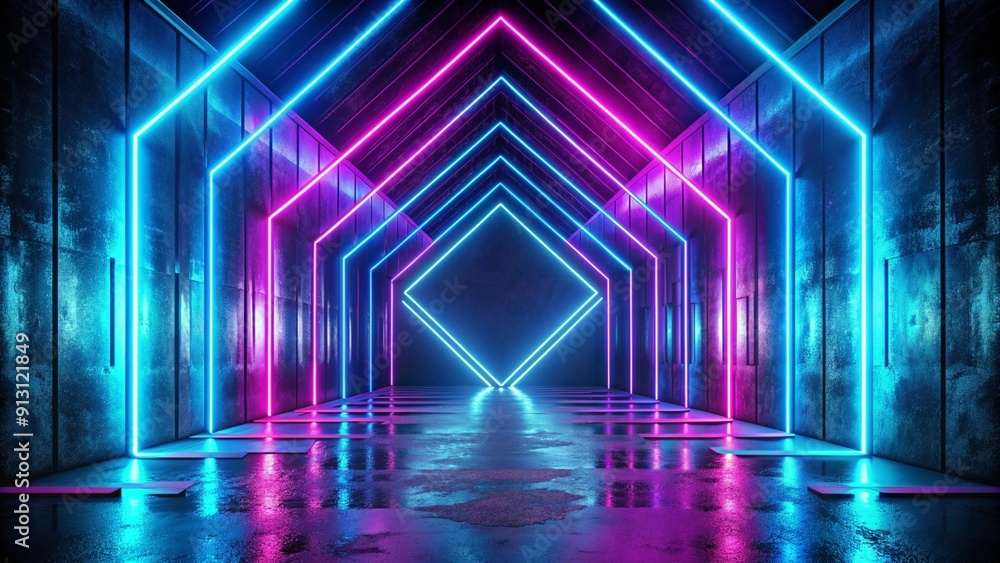 Poster futuristic sci-fi abstract blue and purple neon light shapes on black background and reflective conc