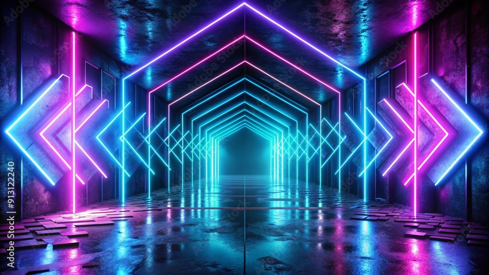 Poster futuristic sci-fi abstract blue and purple neon light shapes on black background and reflective conc