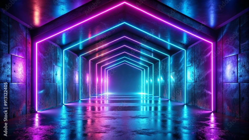 Poster futuristic sci-fi abstract blue and purple neon light shapes on black background and reflective conc
