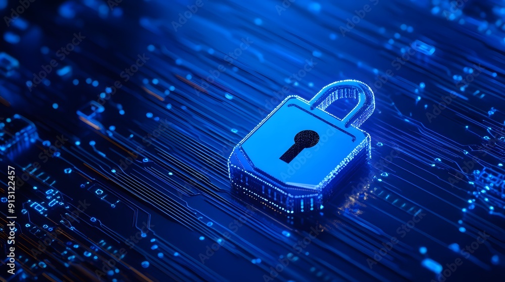 Poster secure digital padlock on a circuit board symbolizing data protection, cybersecurity, encryption, an